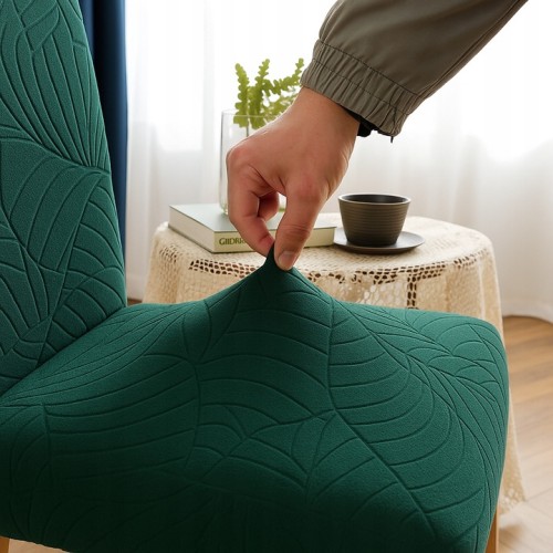 Pokrowiec na krzesło uniwersalny ŻAKARD Liście BUTELKOWA ZIELEŃ