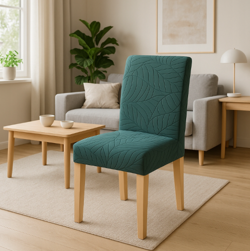 Pokrowiec na krzesło uniwersalny ŻAKARD Liście BUTELKOWA ZIELEŃ