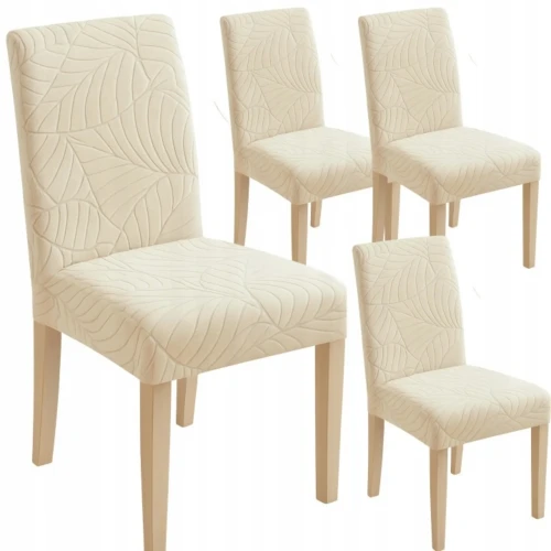 Zestaw 4 SZT Pokrowiec na krzesło uniwersalny ŻAKARD Liście KASZMIROWY BEŻ