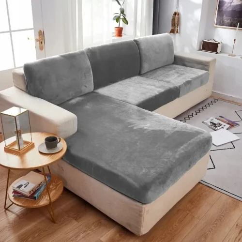 POKROWIEC NA KANAPĘ SIEDZISKO JASNY SZARY WELUR ELASTYCZNY 90-110