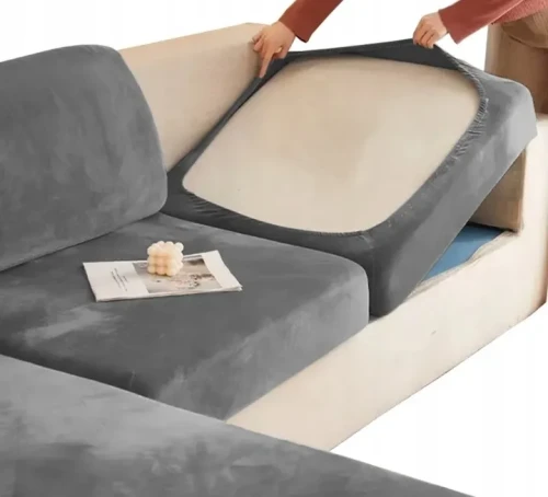 POKROWIEC NA KANAPĘ SIEDZISKO SZARY WELUR ELASTYCZNY  165-200
